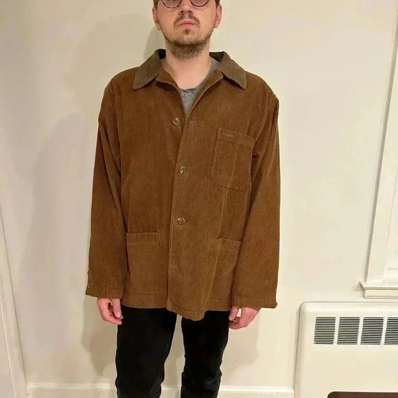 Vintage EDDIE BAUER cotton corduroy barn chore jacket leather collar sz L/ xL - Picture 4 of 11